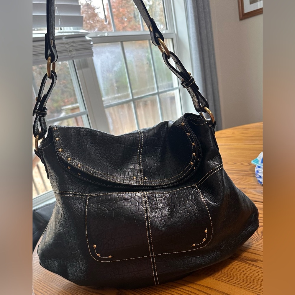 Maxx New York NY Black Croc Leather Fold Over Hobo Gold
Studded Handbag Purse